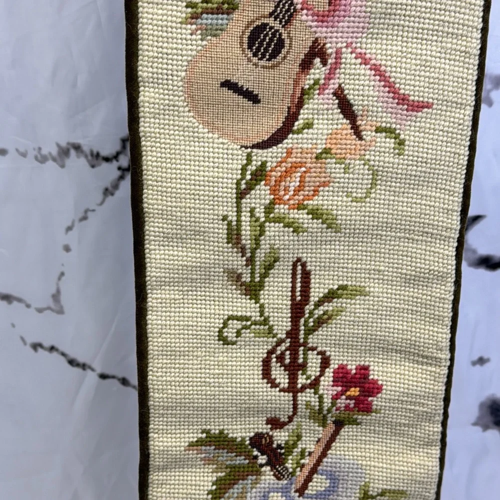 Vintage Petit Point Bell Pull Needle Point Velvet Backed Musical & Floral Design